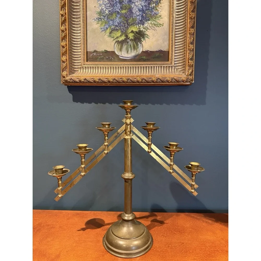 Large Antique Brass Metal Church Religious Altar Candlestick 7 Candle Candelabra